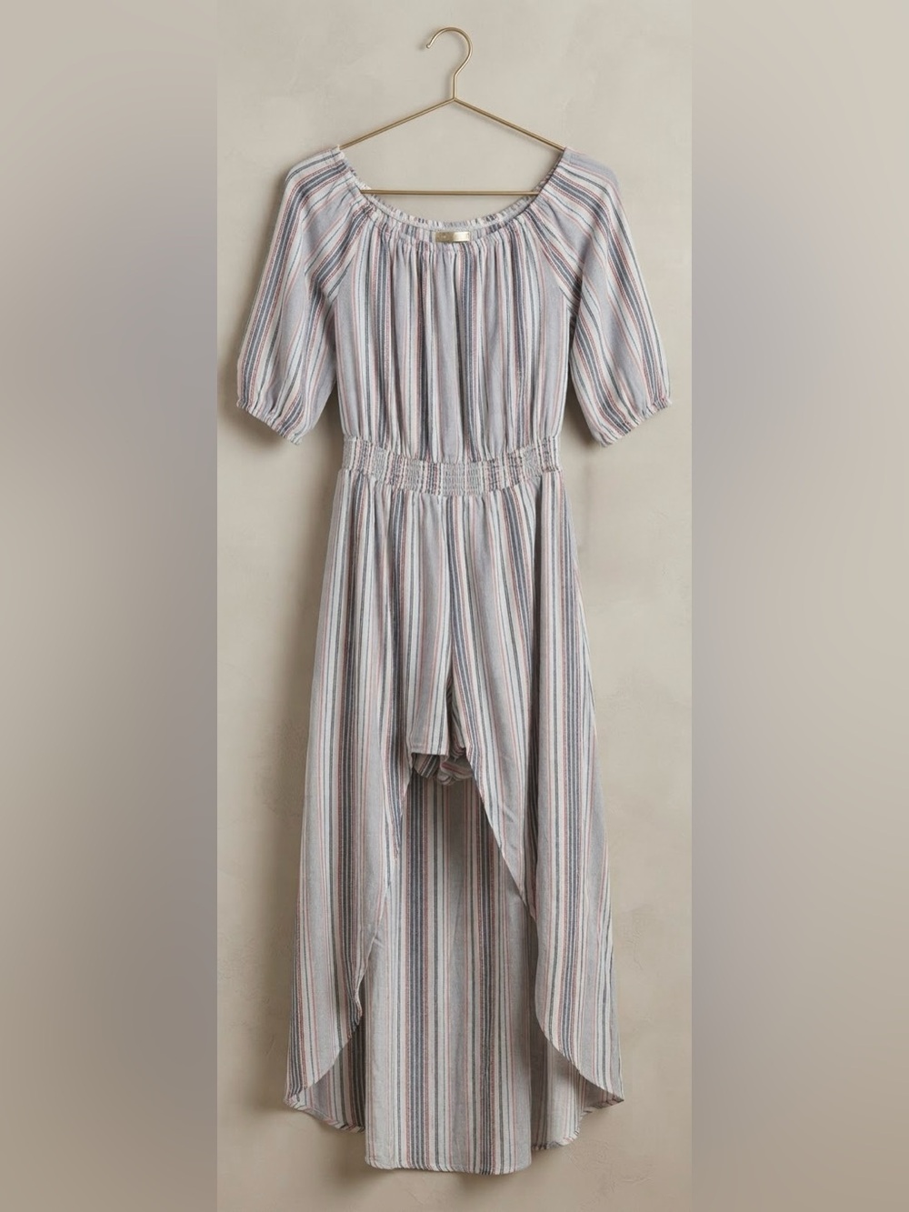 High-Low Striped Midi Dress Romper in Soft Blue and Blush